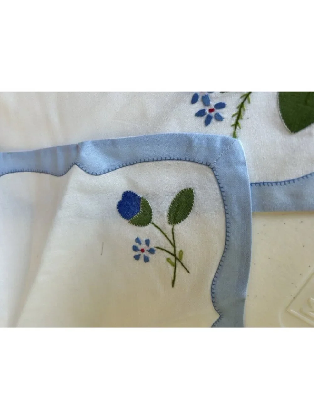 5 Vintage Madeira Applique Placemats w Matching Napkins Cotton NOS Blue White